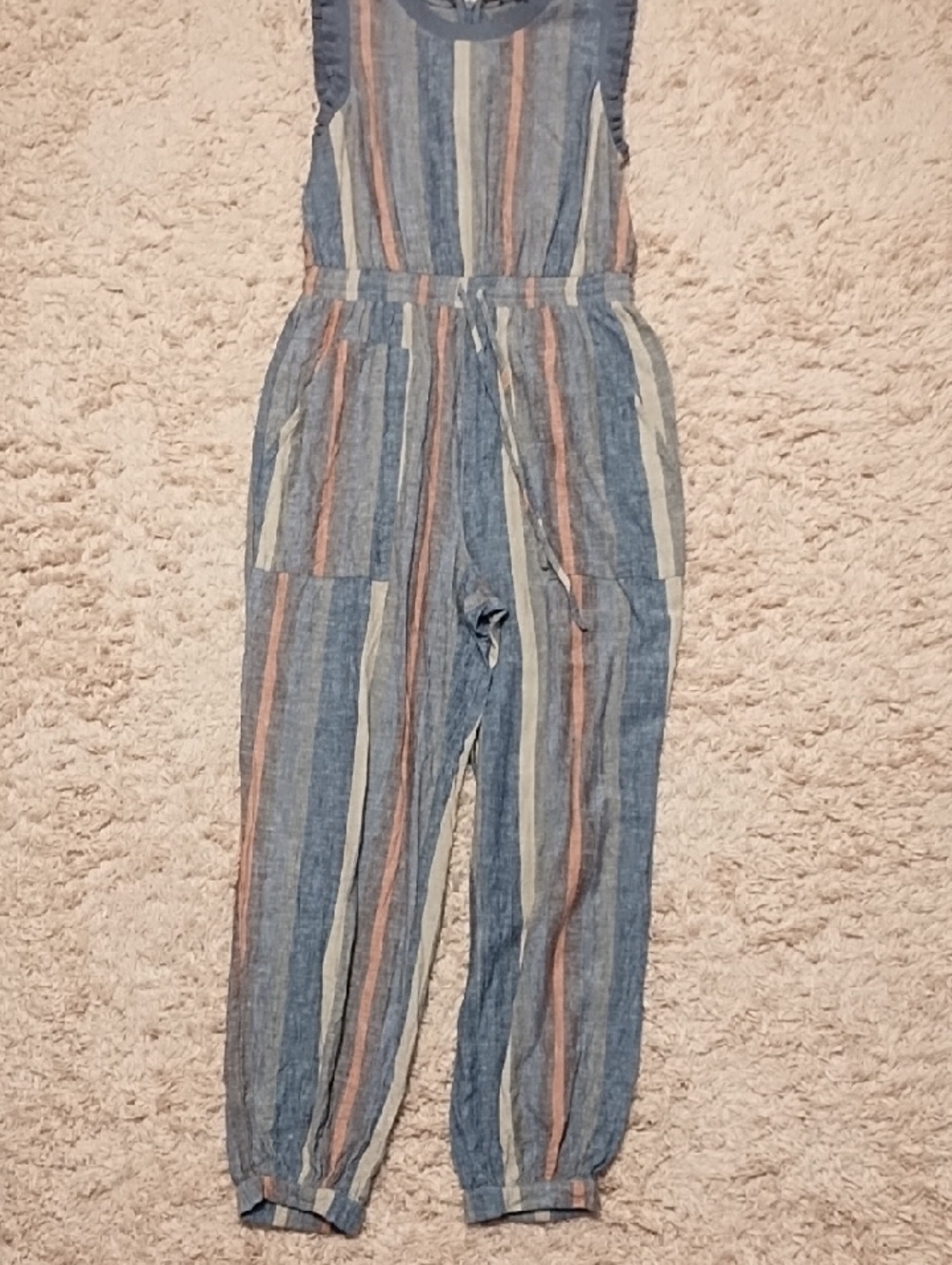 Current Air Striped Sleeveless Jumpsuit in Blue, Peach, and Cream